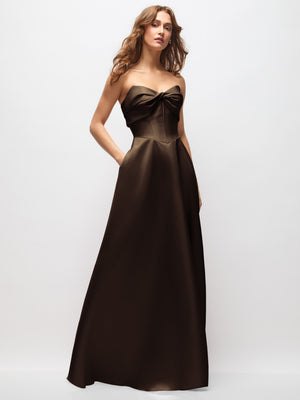Strapless satin maxi dress in dark brown with twisted bust detail, basque waist, full skirt