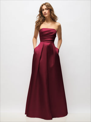 Deep red burgundy strapless satin maxi dress with ruched bodice and pleated skirt