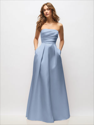 Powder blue satin strapless maxi dress with pleated bodice and full pleated skirt