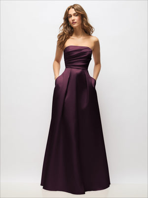 Satin strapless maxi dress in dark plum with hand-pleated bodice and full skirt