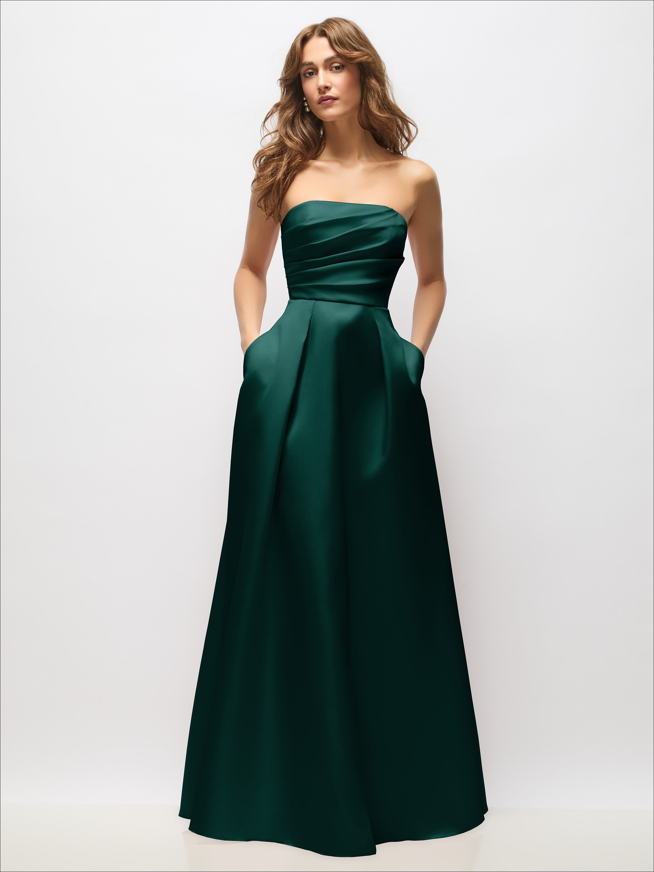 long green strapless dress Hand-Pleated Bodice Satin Maxi with Full Pleated Skirt emerald green prom dress