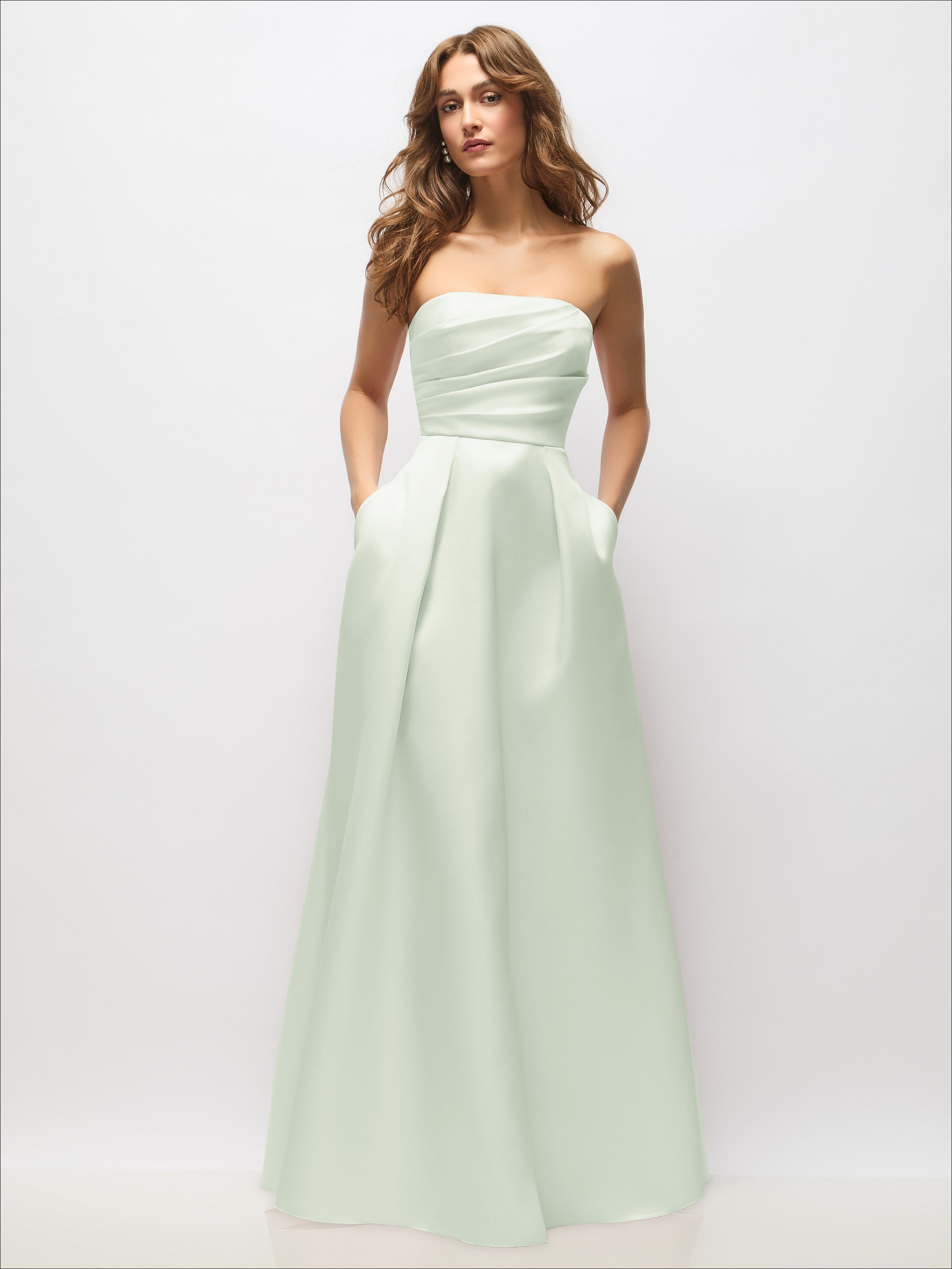 green strapless dress long Hand-Pleated Bodice Satin Maxi with Full Pleated Skirt lace appliqued prom sresses