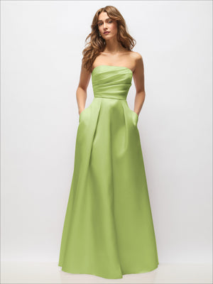 Strapless satin maxi dress in bright lime green with pleated bodice and full skirt