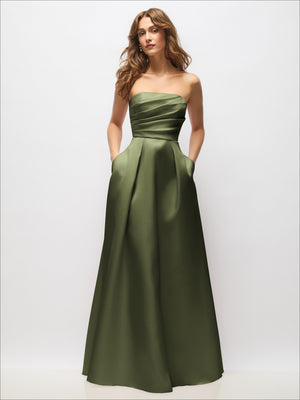 Olive green strapless satin maxi dress with fitted bodice and full pleated skirt