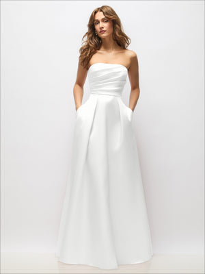 White strapless satin maxi dress with structured bodice and full pleated skirt