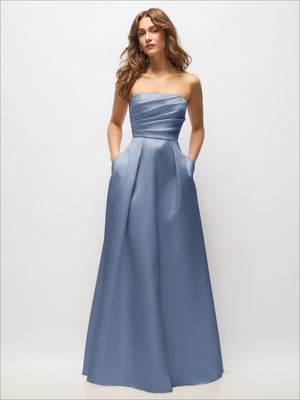 Blue strapless satin maxi dress with hand-pleated bodice and full pleated skirt