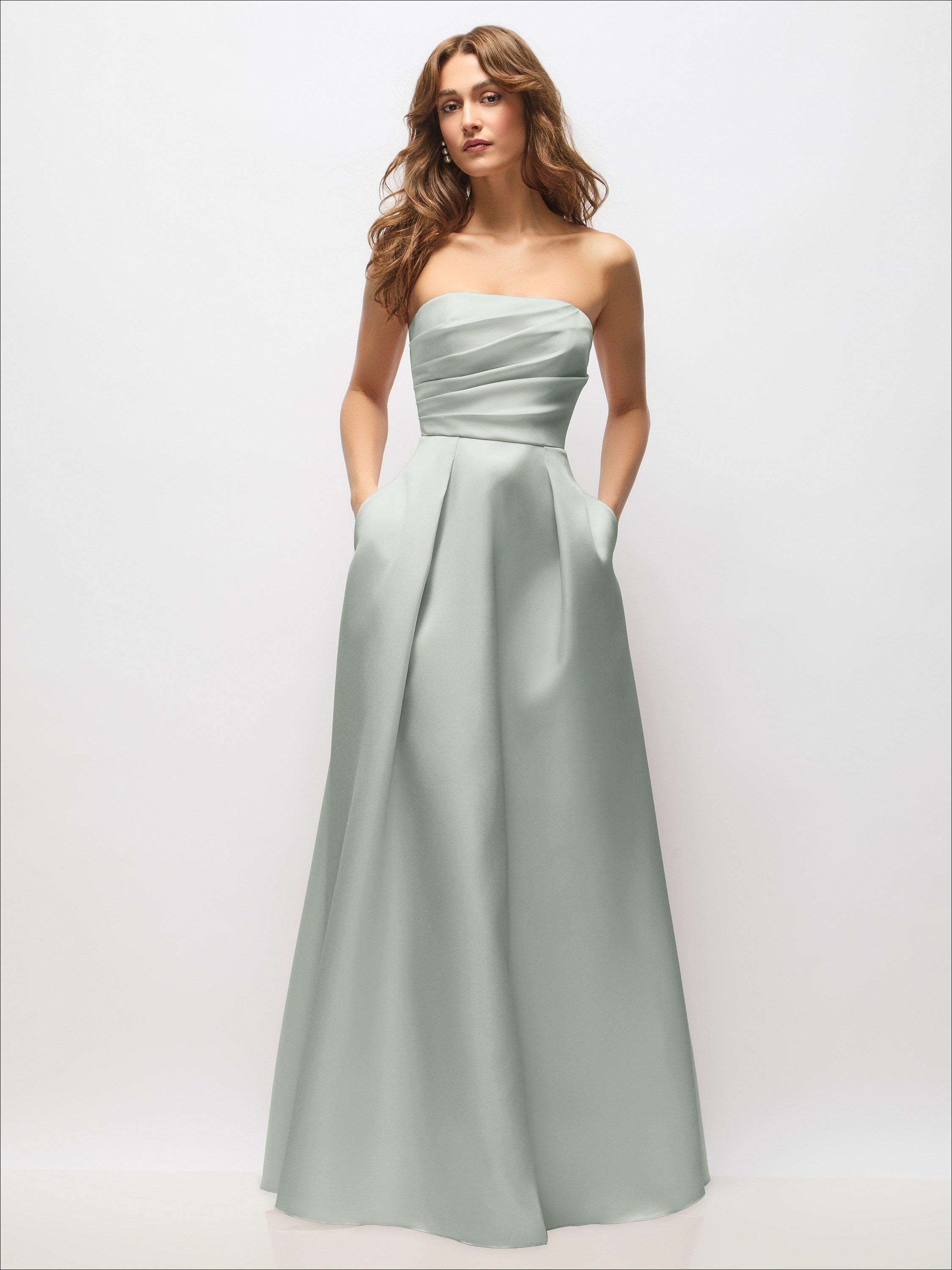 Strapless Hand-Pleated Bodice Satin Maxi Dress with Full Pleated Skirt