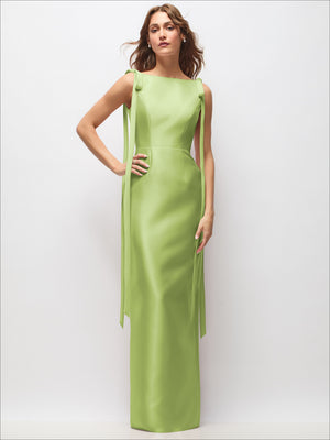 Lime satin column maxi dress, bateau neckline, exaggerated tail bow straps