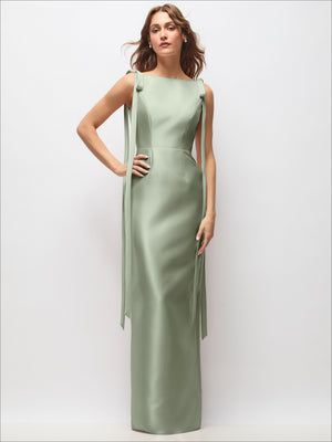Sage satin column maxi dress, bateau neckline, exaggerated tail bow straps