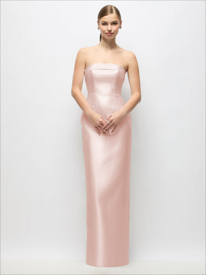 Blush pink strapless satin maxi dress with fitted column skirt and back bow detail