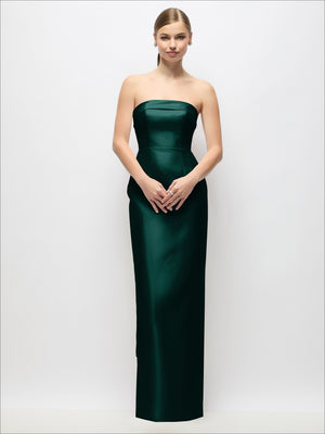 Green strapless satin maxi dress with fitted bodice and column skirt, back bow detail