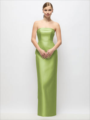 Lime green strapless satin maxi dress with fitted column skirt and back bow detail