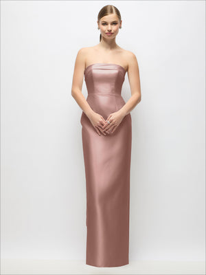 Strapless satin maxi dress with column skirt, blush pink, straight neckline