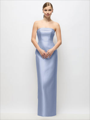 Powder blue strapless satin maxi dress with fitted column skirt and back bow detail