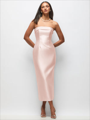 Satin strapless midi dress with cuff detail and column skirt in pale blush pink
