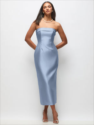 Light blue strapless satin midi dress with bandeau neckline and column skirt