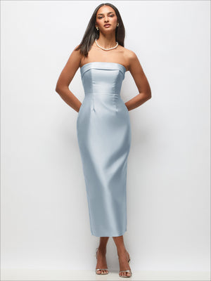 Light blue strapless satin midi dress with fitted bodice and column skirt