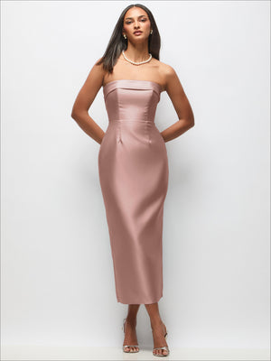 Dusty rose strapless satin midi dress with cuffed top and fitted column skirt