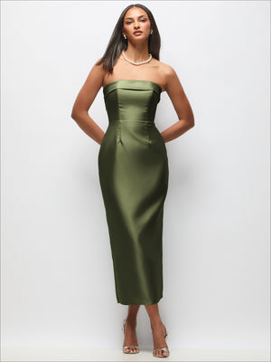 Strapless satin midi dress in olive green with cuff-style top and straight column skirt