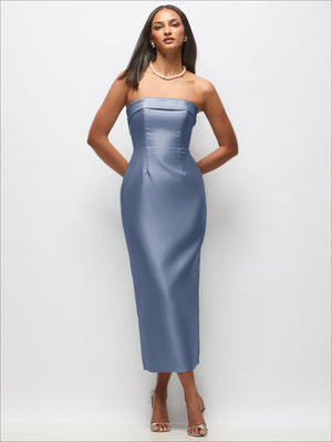 Blue strapless satin midi dress with fitted column silhouette