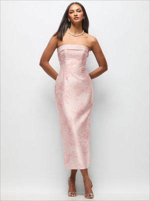 Blush-pink floral satin midi dress, strapless neckline with column skirt