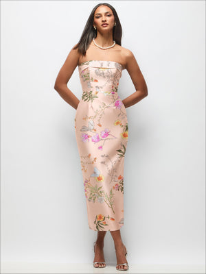 Cream floral satin midi dress, strapless neckline with column skirt