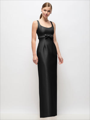 Black satin column maxi dress with scoop neck and empire-waist bow