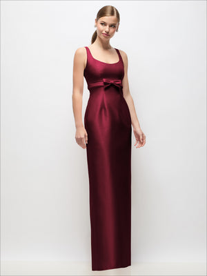 Satin column maxi dress with scoop neck and empire-waist bow, sleeveless, burgundy red