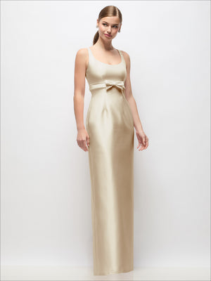 Scoop neck satin column maxi dress with empire waist bow, champagne