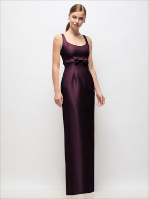 Scoop neck satin column maxi dress with empire waist bow, burgundy