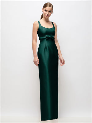Scoop-neck satin column maxi dress with bow at empire waist, deep green.