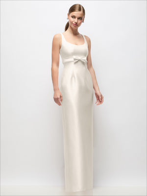 Scoop-neck satin column maxi dress in ivory, bow at empire waist, sleeveless