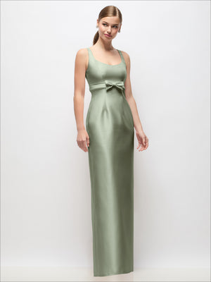Scoop neck satin column maxi dress in muted sage green with bow at empire waist