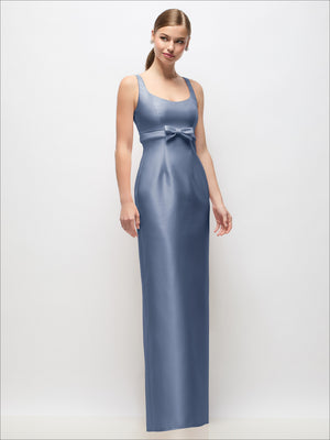 Blue satin column maxi dress with scoop neck and empire-waist bow