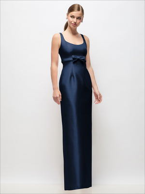 Scoop neck satin column maxi dress with empire waist bow, dark blue