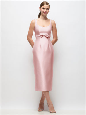 Light pink satin column midi dress with scoop neck and bow at empire waist, front