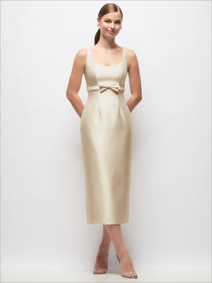 Satin column midi dress with scoop neck and bow detail at empire waist, ivory