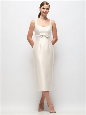Ivory satin midi column dress, scoop neck, bow at empire waist