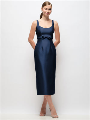 Deep blue satin column midi dress with scoop neckline and empire-waist bow, sleeveless