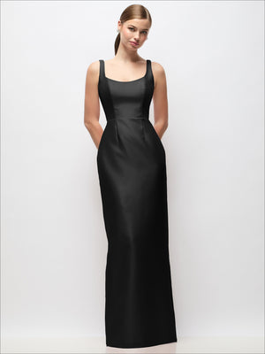 Black satin scoop-neck column maxi dress, sleeveless, floor-length