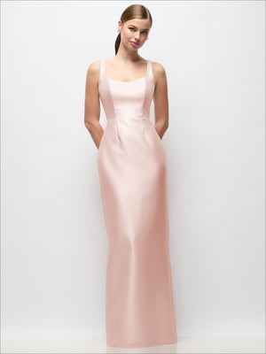 Blush pink satin column maxi dress with scoop neckline and sleeveless cut