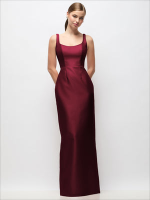 Burgundy scoop-neck satin column maxi dress with sleeveless bodice