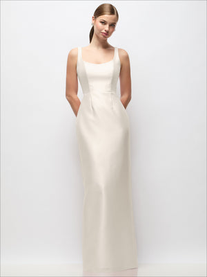 Ivory satin scoop-neck column maxi dress, sleeveless with fitted waist