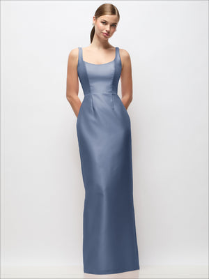 Sky blue satin column maxi dress with scoop neckline and sleeveless bodice