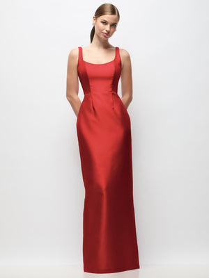 Red satin column maxi dress with scoop neck, sleeveless straps, and fitted waist