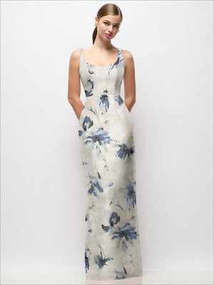Ivory satin column maxi dress, sleeveless scoop neck, blue floral watercolor print