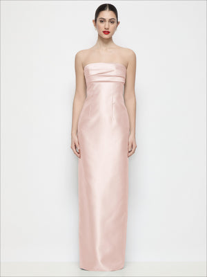 Blush pink strapless satin column maxi dress with pleated empire waist