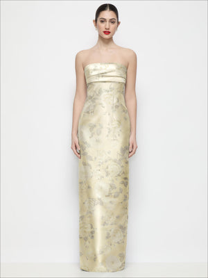 Strapless satin maxi dress with pleated empire bodice and yellow floral print
