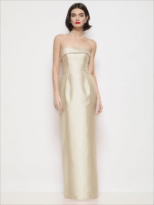 Champagne satin strapless cuff-neck maxi dress with column skirt and smooth fitted bodice