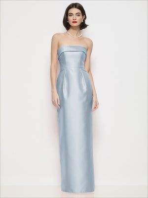Light blue strapless satin column maxi dress, smooth satin finish